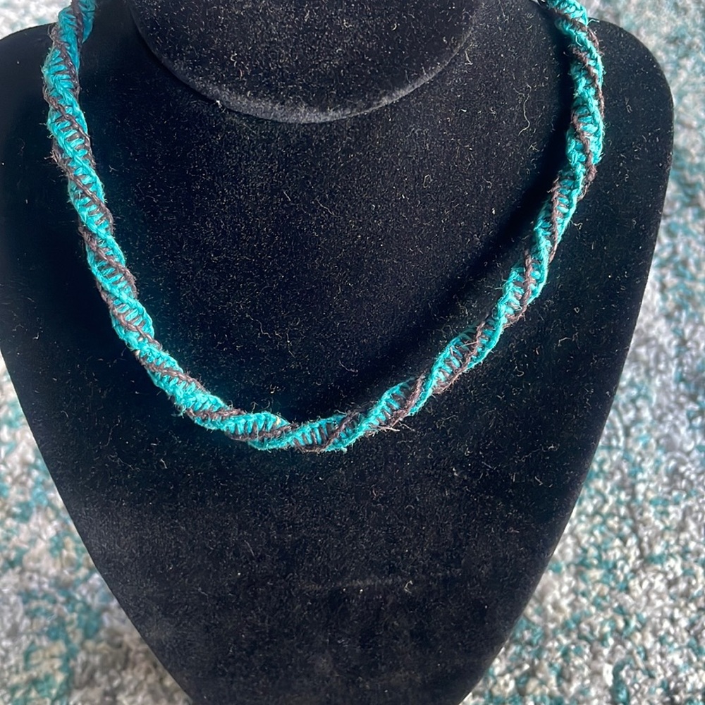 Handmade necklace hemp blue purple tie on double helix